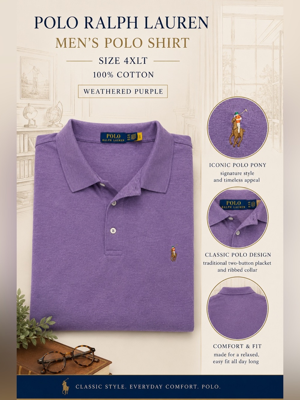 Polo by Ralph Lauren Men’s Polo Shirt - Weathered Purple | Size 4XLT